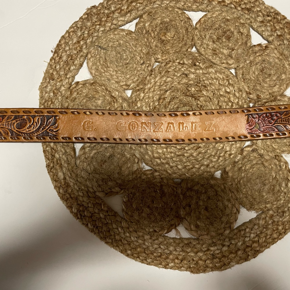 Justin’s Tooled leather Belt Monogram “G. Gonzalez” 36 western cowboy rodeo